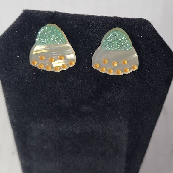 Peter + June Glittery Green & Pearl White Resin Holiday Halloween Stud Earrings - Picture 2 of 4